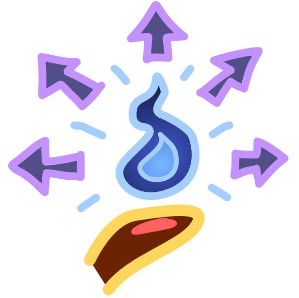 A brown hand with yellow line art and a blue flame hovering above it. The flame is surrounded by blue emphasis lines and short purple arrows pointing away from it. The image has light line art.
